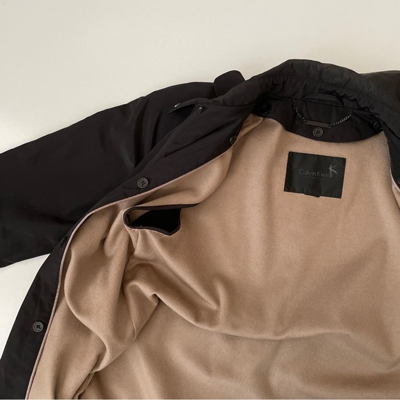 RARE ✨ Calvin Klein Black Car Coat Removable Tan Wool Cashmere Liner, Size Large - Picture 5 of 12